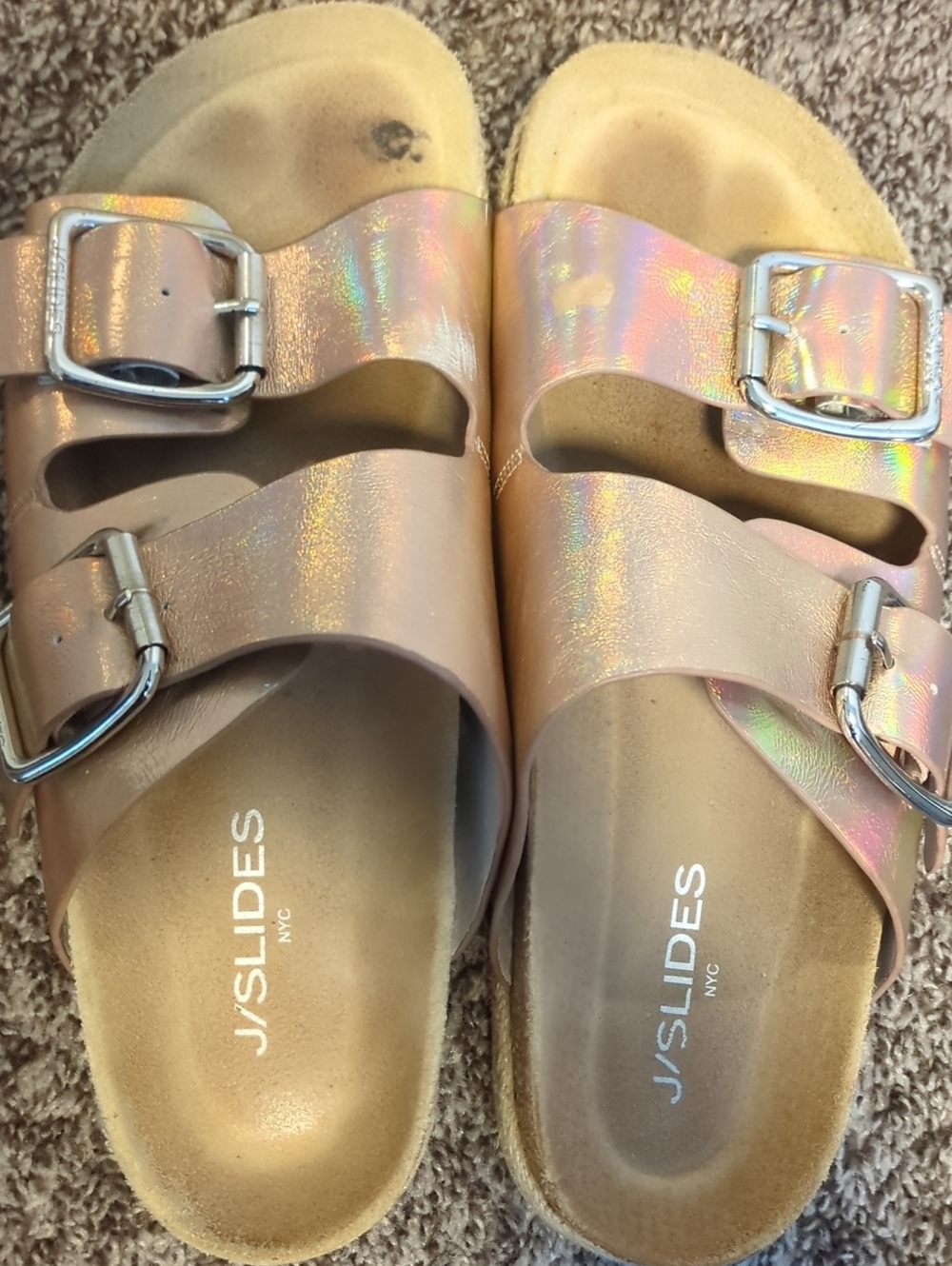 J/SLIDES Holographic Pink Double-Buckle Slides